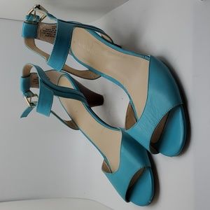 Sandals, leather, kitten heels, ankle straps, color- Teal by Nine West,S…